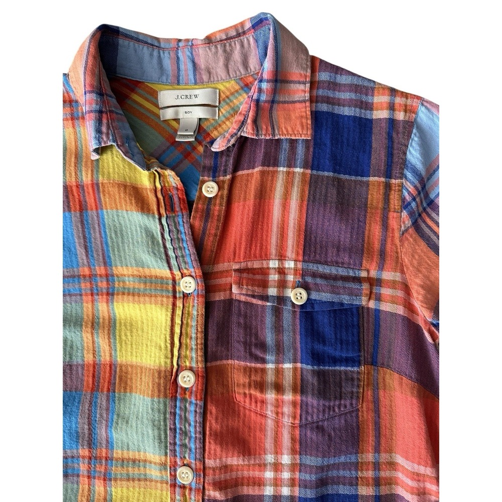 J Crew Boy Button Down Top Size 0 Orange Yellow Blue Plaid‎ Long Sleeve Blouse